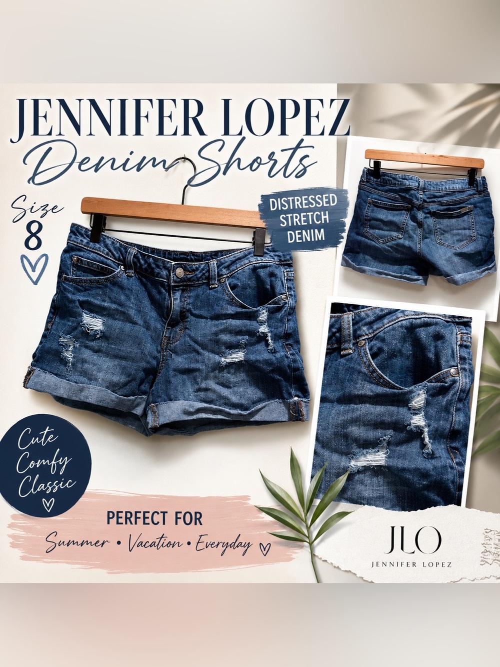 Jennifer Lopez Distressed Denim Shorts Size 8 Cuffed Stretch Blue Jean